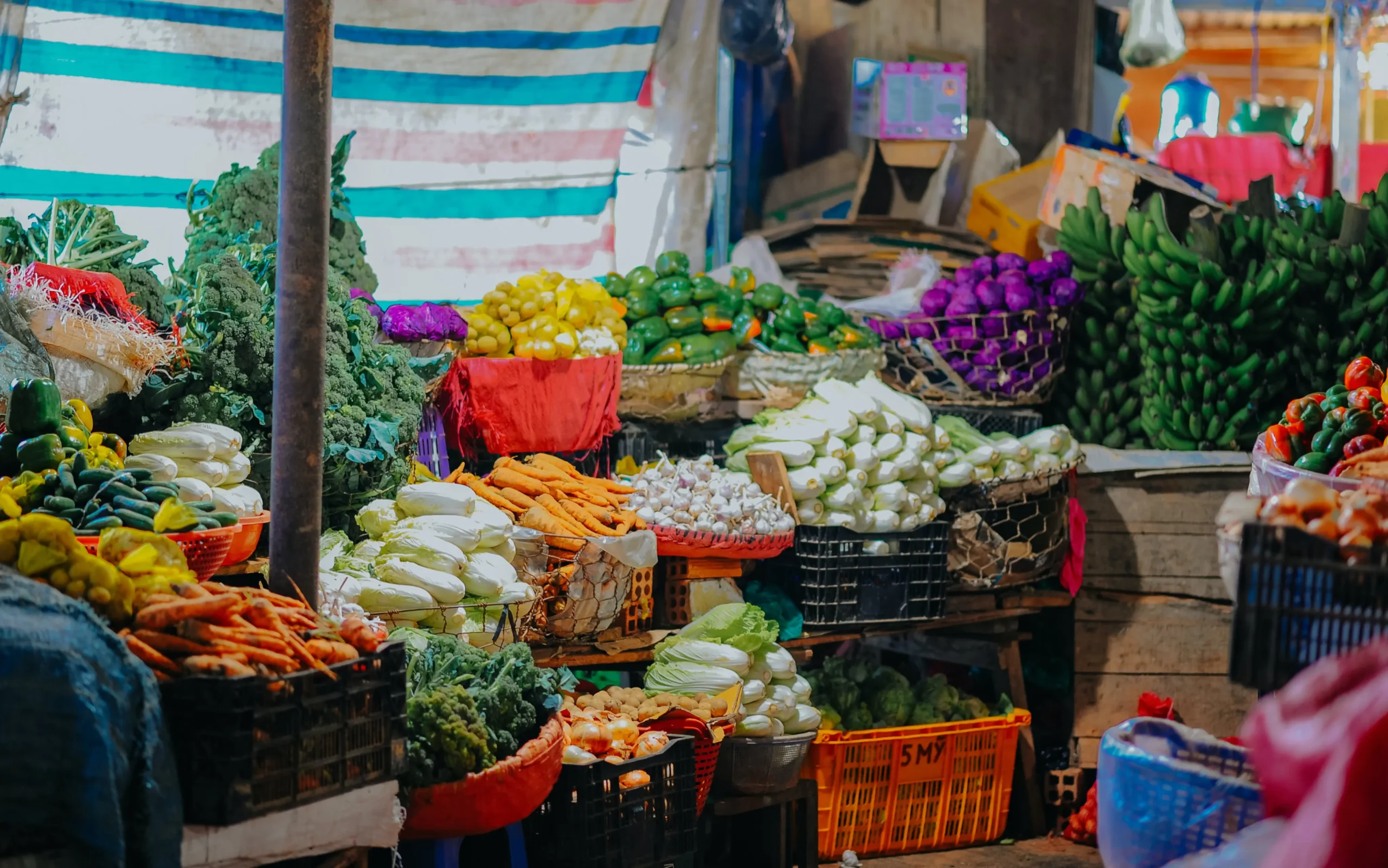 Banca de feira com varios legumes, verduras e frutas